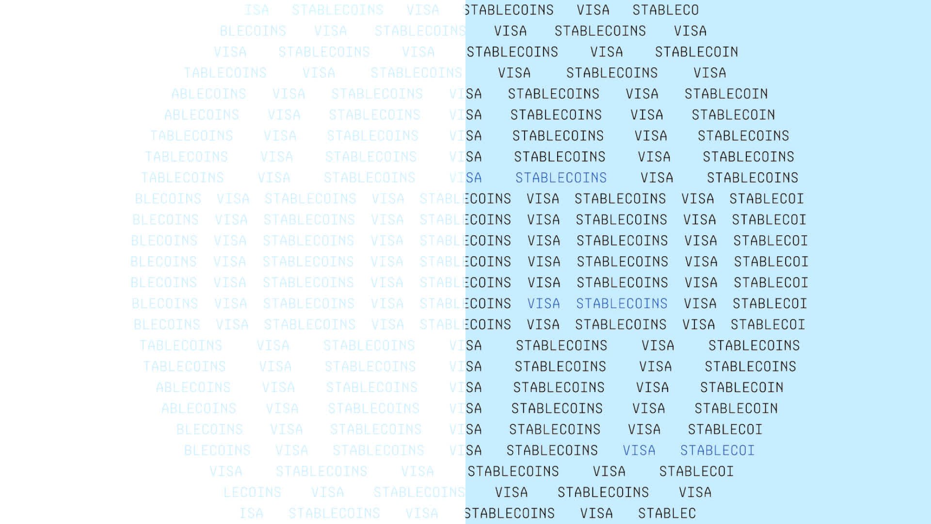 Rotating globe formed by Visa Stablecoins text in monospaced font ASCII art style.