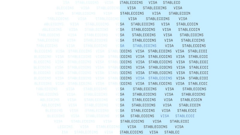 Rotating globe formed by Visa Stablecoins text in monospaced font ASCII art style.