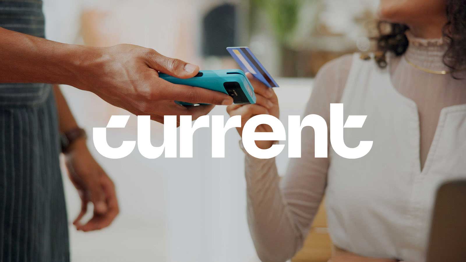 Close up of hands performing a contactless payments transaction with Current logo overlaid