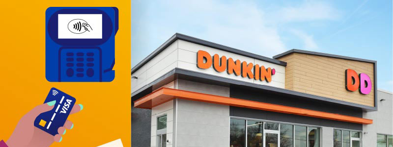 Split screen with illustration of contactless transaction on left and image of a Dunkin' shop on right