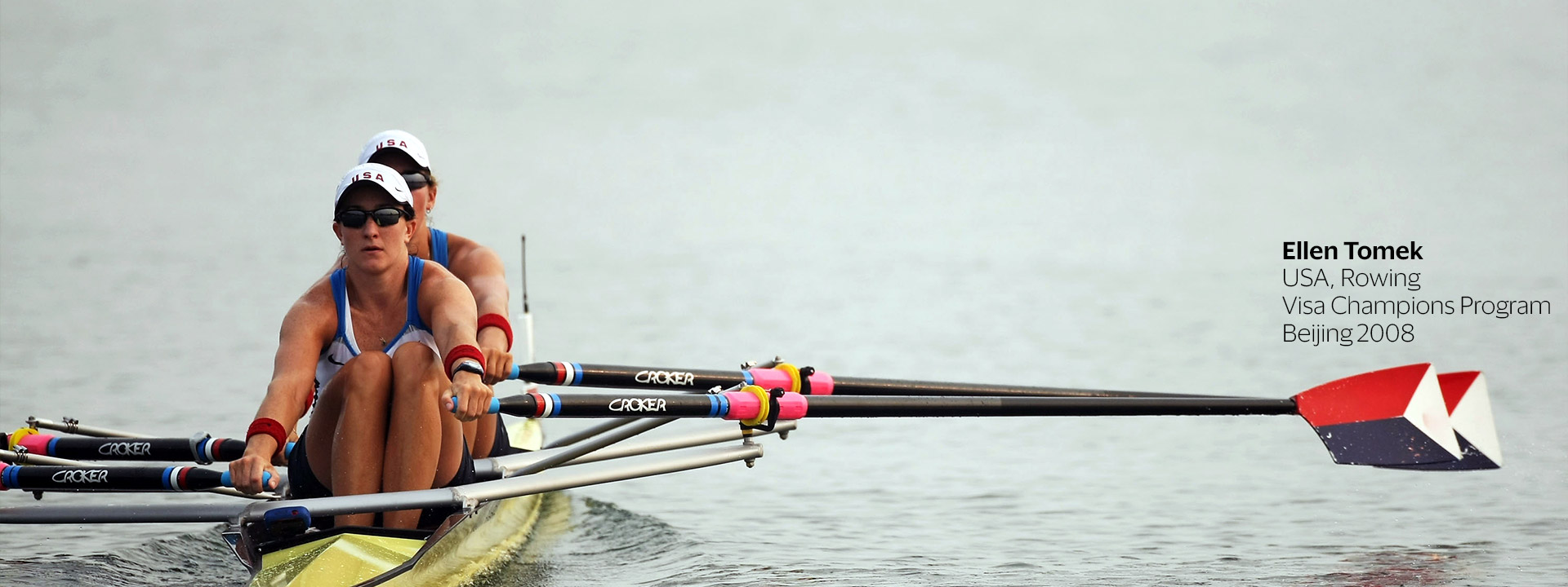 Ellen Tomek and teammate rowing in the Olympic Games Beijing 2008