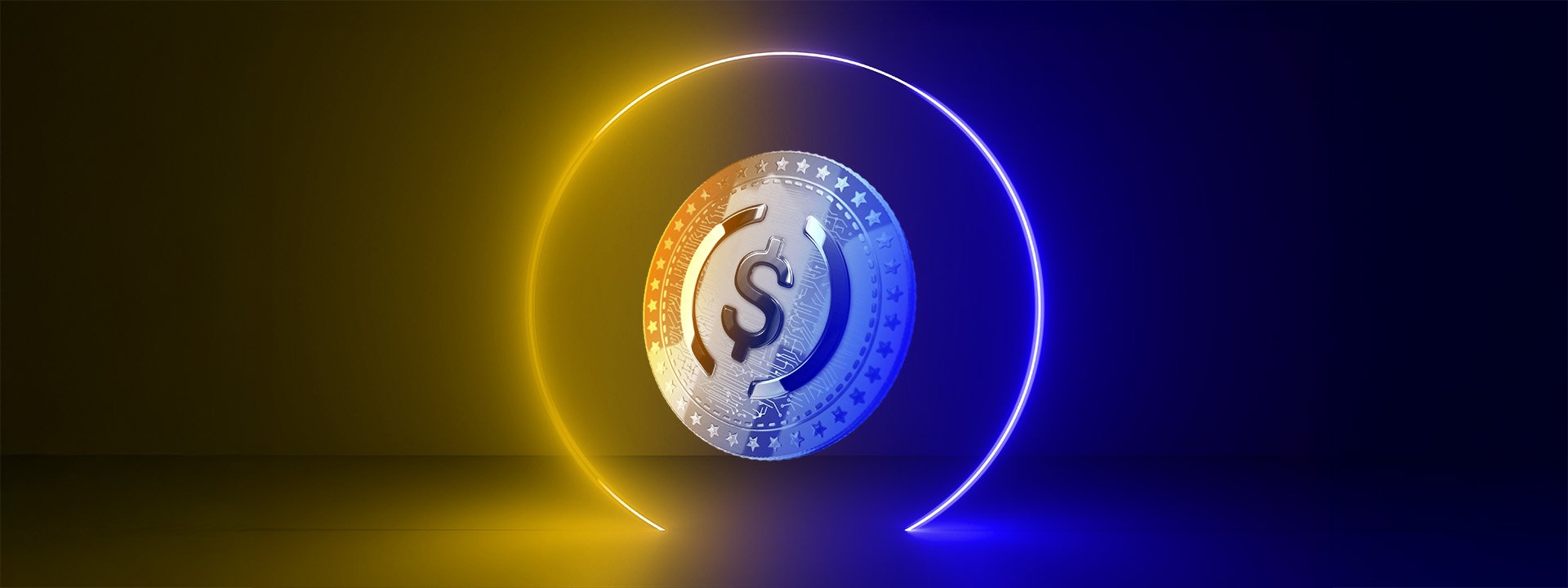 Floating blue and yellow stablecoin coin.