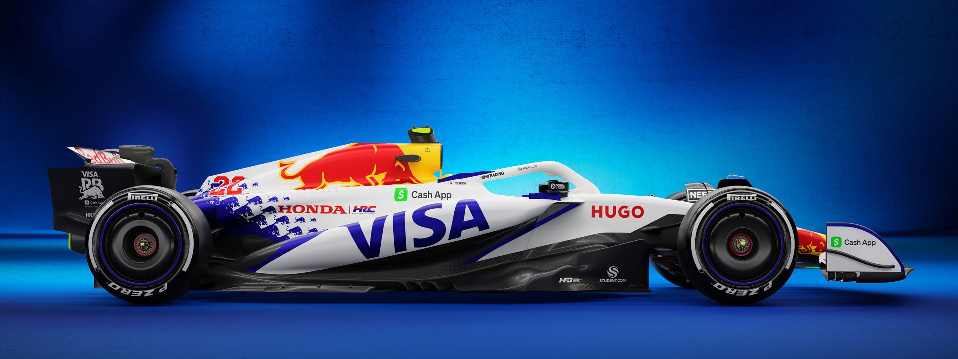 Visa Cash App Racing Bulls F1 car on blue background.