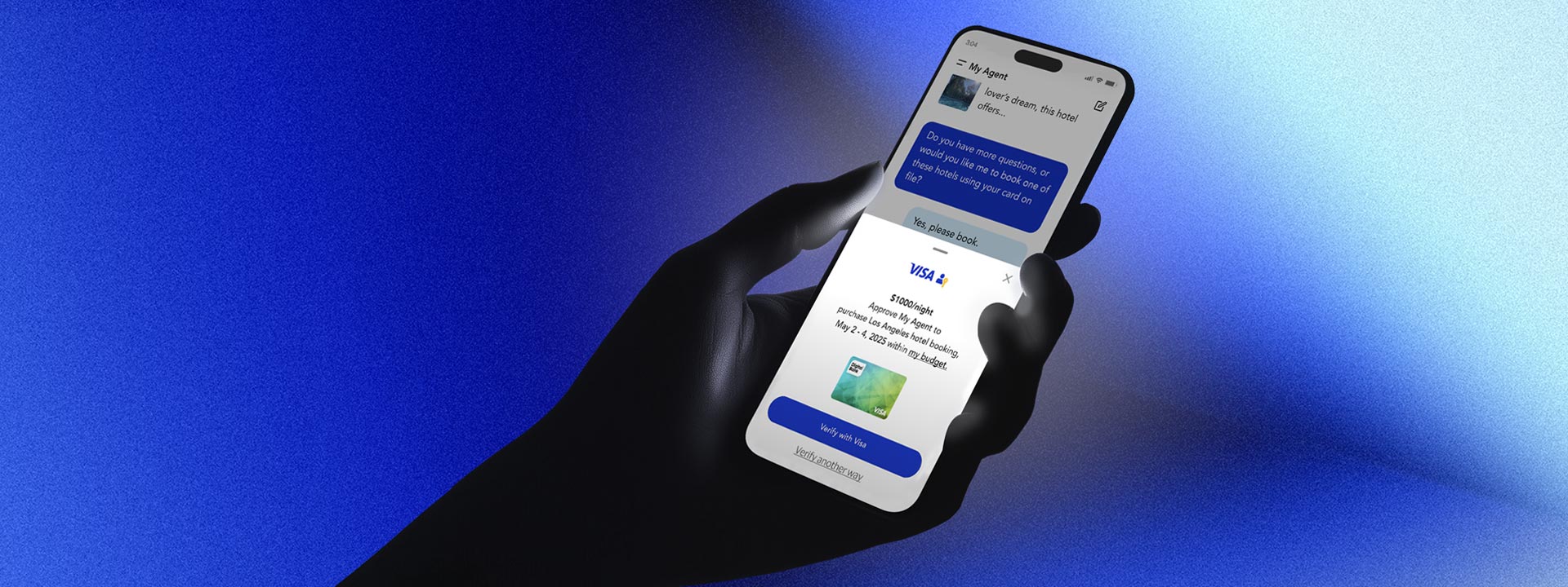 Silhouette of a hand holding a phone with a Visa AI agent user interface on the screen.