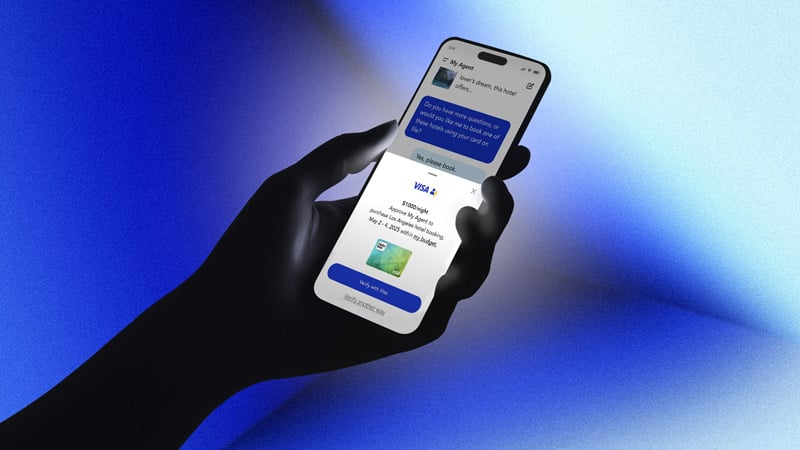 Silhouette of a hand holding a phone with a Visa AI agent user interface on the screen.