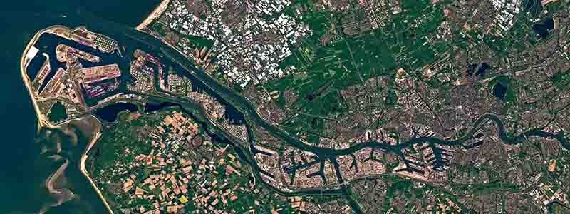 "Satellite image of the port of Rotterdam, Netherlands"