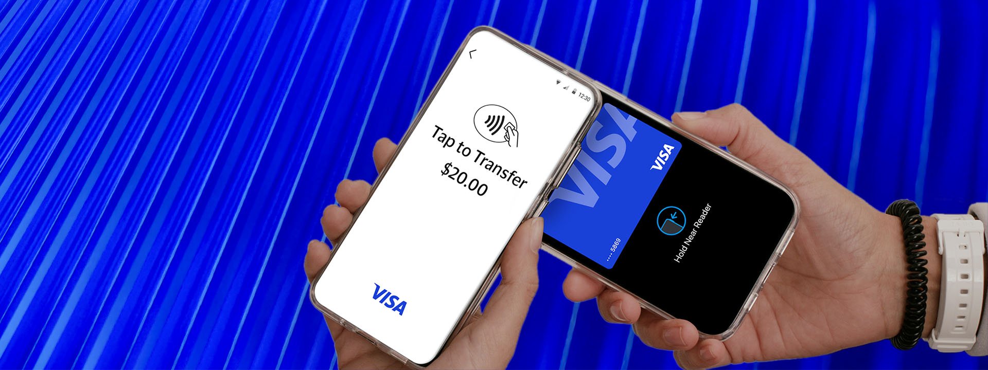 Two hands hold smartphones; one displays " Tap to Transfer $20.00" and the other a Visa card