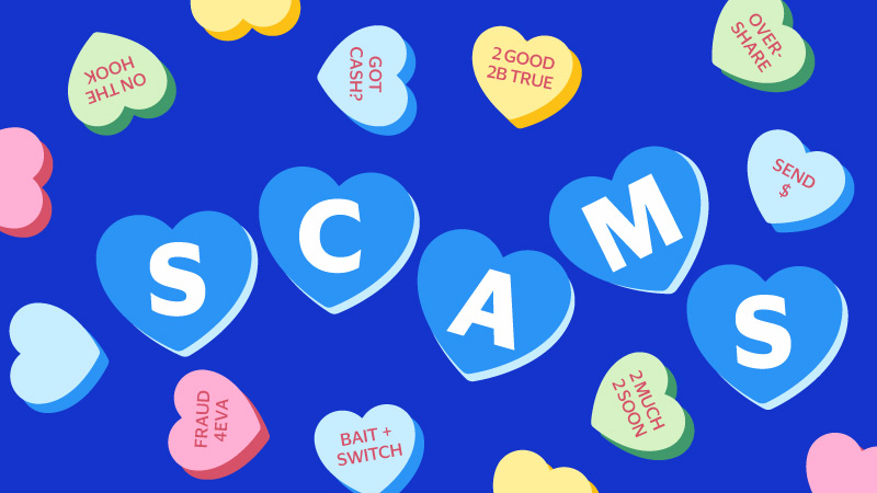 Illustration of heart-shaped candies featuring fraud tactics and spelling out the word SCAM