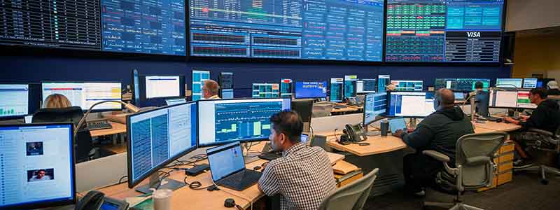Employees monitor real-time data and threats in the network operations center.