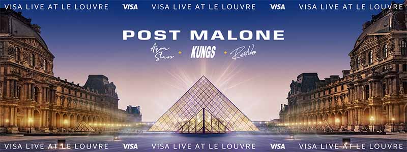 Image of the Louvre at dusk with Visa Live at Le Louvre text, Post Malone, Ayra Starr, the Kungs and RaiNao logos.