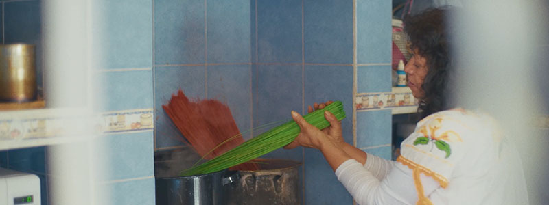 Woman dying bunches of poptillo green and red in big pots on a stovetop.