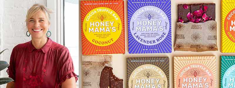 Woman smiling on left side, Honey Mama’s Cocoa Truffle Bar in Coconut, Lavender Rose, Coffee Nib Crunch and Tahini Tangerine bars on right side.