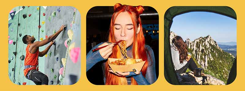 Three-image collage of creators rock climbing, eating noodles and sitting on a mountain