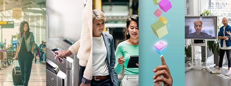 5 images: woman rolling suitcase through airport, man tapping card on transit terminal, two women together looking at tablet screen, a hand pointing upward with blocks emanating from fingertips, a hybrid virtual/in-person meeting