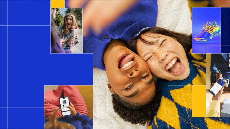 Collage showing Gen-Z shoppers walking with bags, browsing products on a phone, and using an AI shopping assistant.