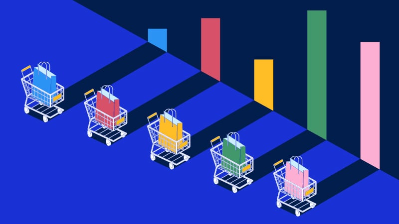 Illustration of shopping carts casting shadows that look like bar graphs