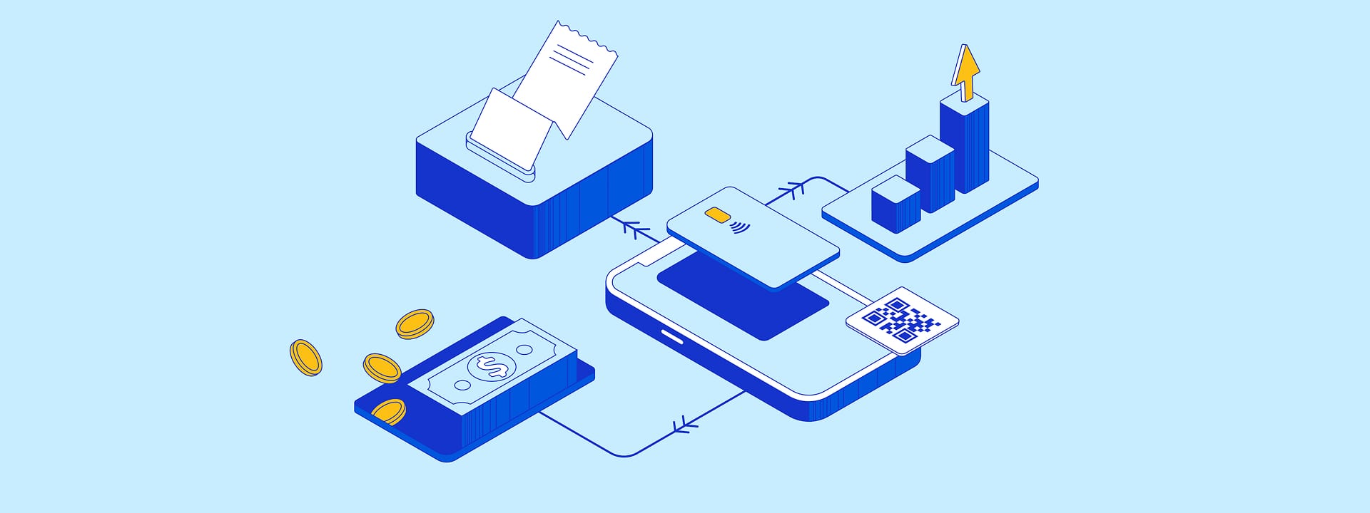 Illustration of digital payment process with phone, credit card, cash, receipt, QR code, and bar chart representing growth.