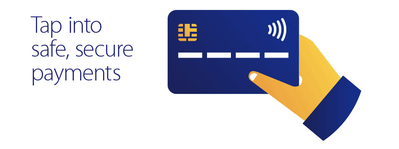 Image shows hand and card and invites to tap into safe secure payments