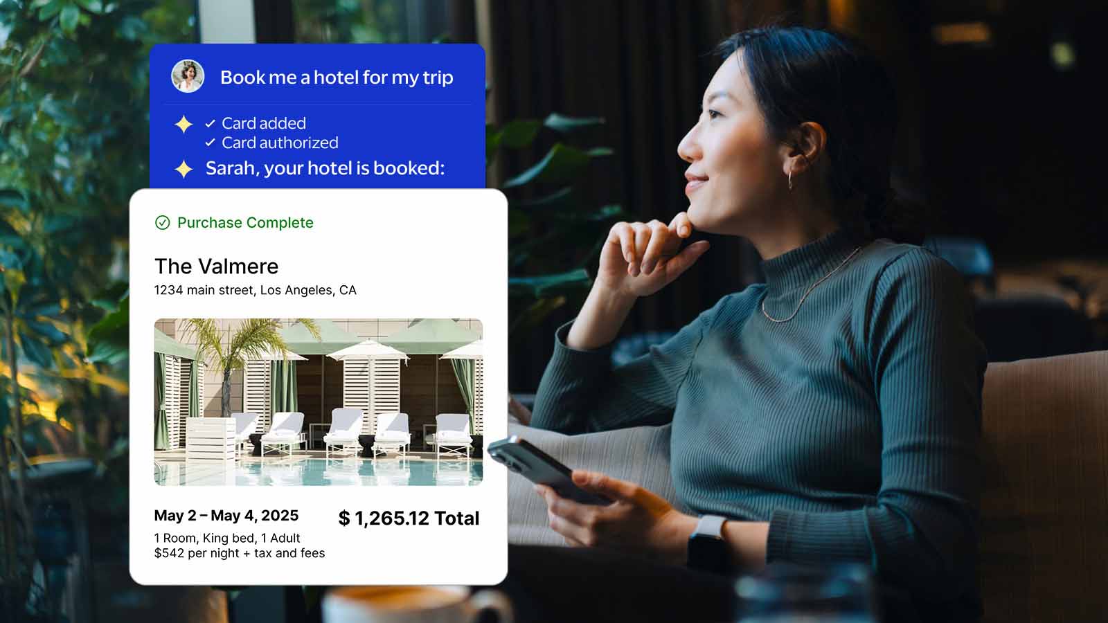 Intelligent commerce scene for product choice, user confirmation, merchant responsibility, and checkout authorization