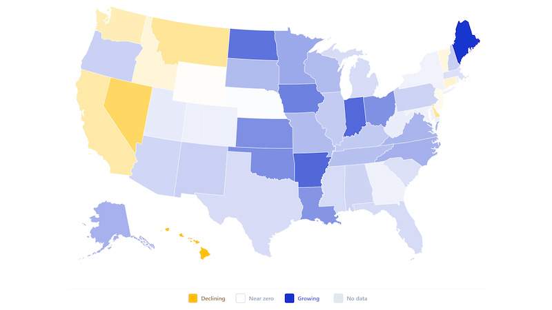 Payment volume growth by state for Frequent Crypto Buyers (Q1 2025 to Q1 2026). See image description for details.