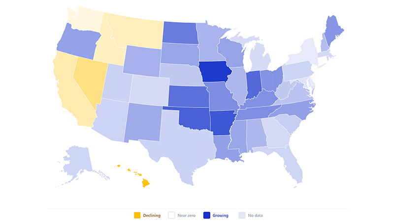 Transaction volume growth by state for Frequent Crypto Buyers (Q1 2025 to Q1 2026). See image description for details.