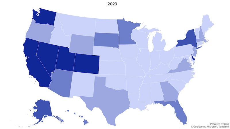 A map displaying payment intensity in U.S. states in 2023.