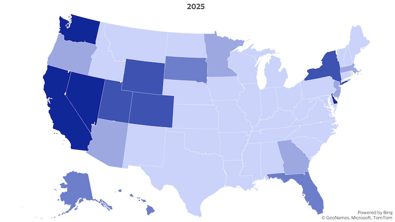 A map displaying payment intensity in U.S. states in 2025.