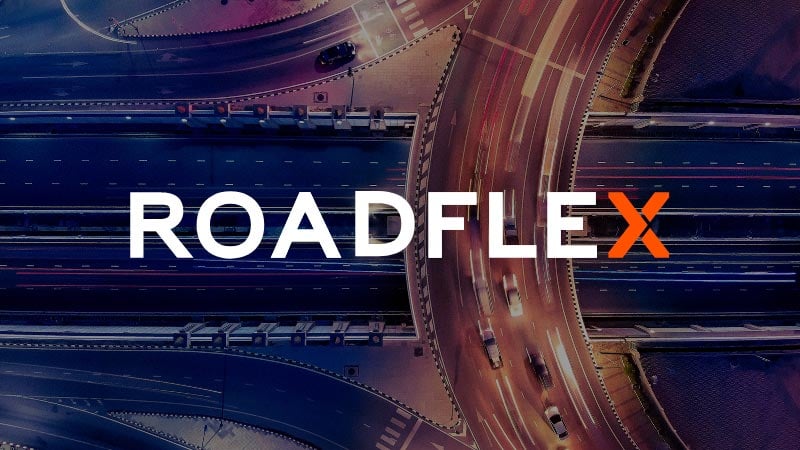 Roadflex logo atop an aerial view of roads