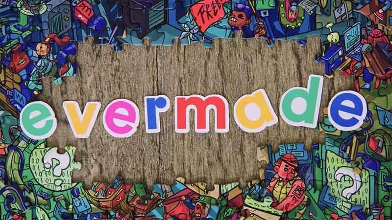 Evermade logo on a wooden table surrounded by puzzle pieces.