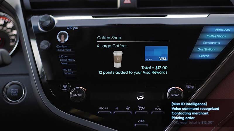 Car dashboard with coffee transaction receipt on screen.