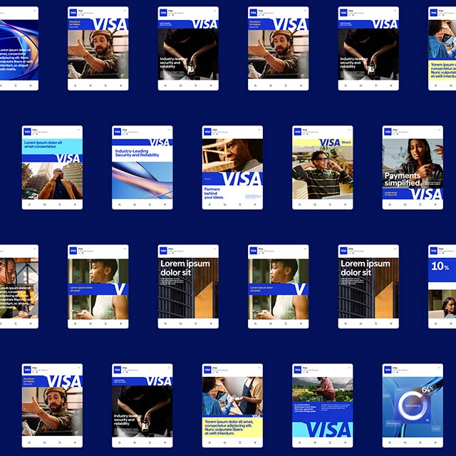 Grid of Visa-branded social media posts featuring people, payments, security messaging and bold blue graphic designs.