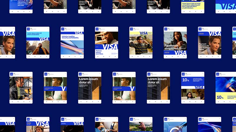 Grid of Visa-branded social media posts featuring people, payments, security messaging and bold blue graphic designs.