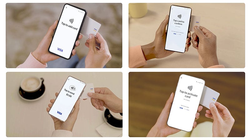 Four images show a person with a smartphone and credit card, demonstrating mobile transaction steps