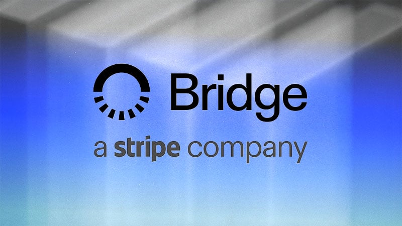 Bridge a Stripe company logo on a blue graphic background