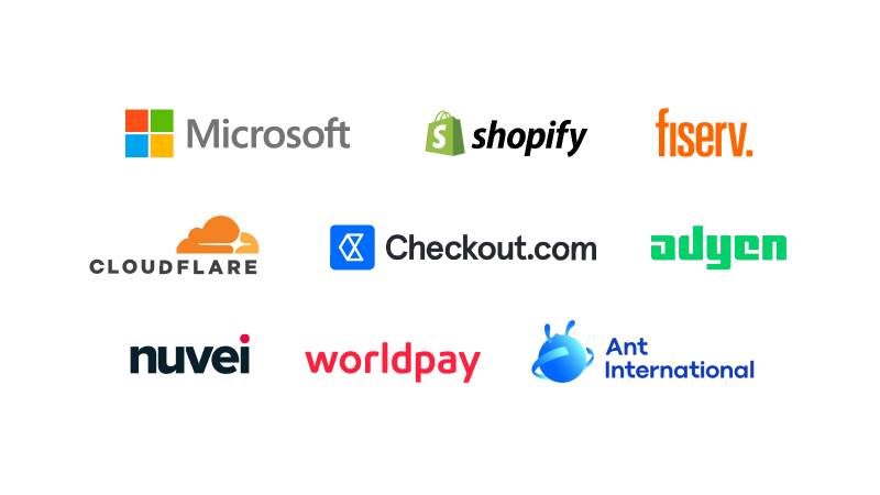 Logos of Microsoft, Shopify, Fiserv, Cloudflare, Checkout.com, Adyen, Nuvei, Worldpay, and Ant International