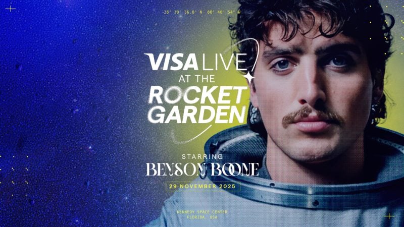 Visa Live text over the face of Benson Boone