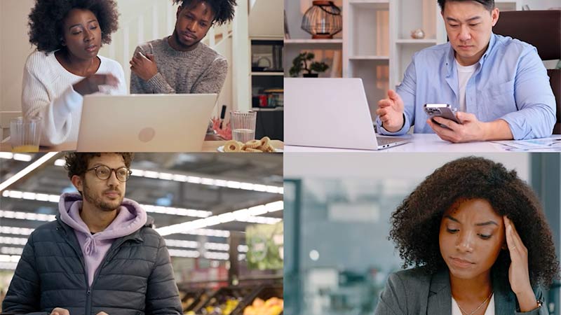 Four images of people looking disappointedly at devices.