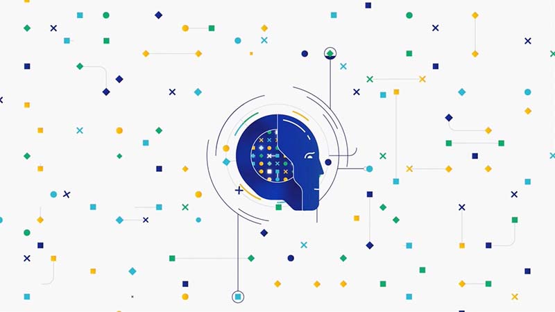 Illustration of a blue artificial intelligence head surrounded by shapes