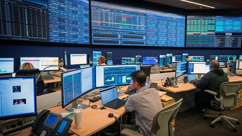 Employees monitor real-time data and threats in the network operations center.