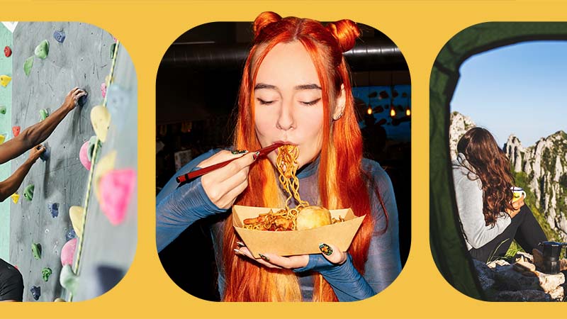 Three-image collage of creators rock climbing, eating noodles and sitting on a mountain