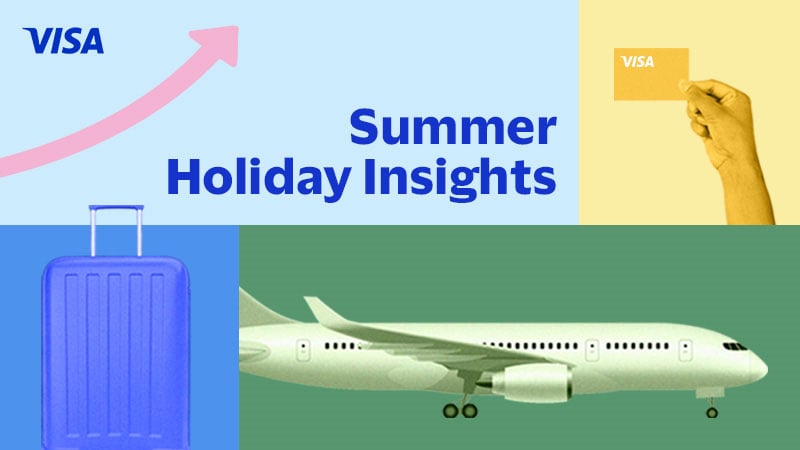 A graphic with a Visa logo, an upward arrow, a hand holding a Visa card, a blue suitcase, an airplane, and the text Summer Holiday Insights.