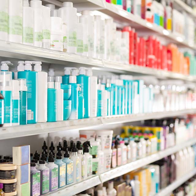 Bottles and boxes of different hair care products on store shelves in supermarket