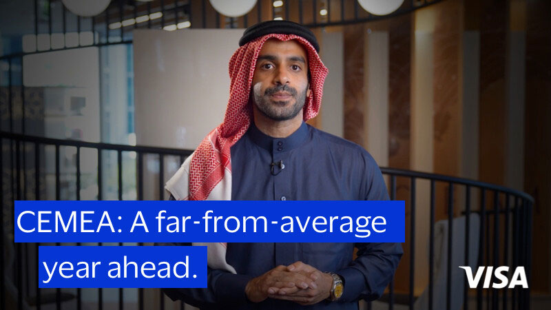 Man in traditional attire stands confidently indoors, behind text: “CEMEA: A far-from-average year ahead.” Bright setting with a modern design.